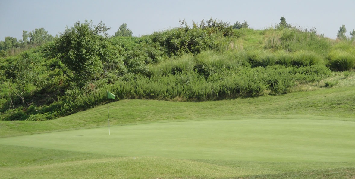 A view of one of the holes at Panther Creek Golf Club with a hill with lush foliage in the background